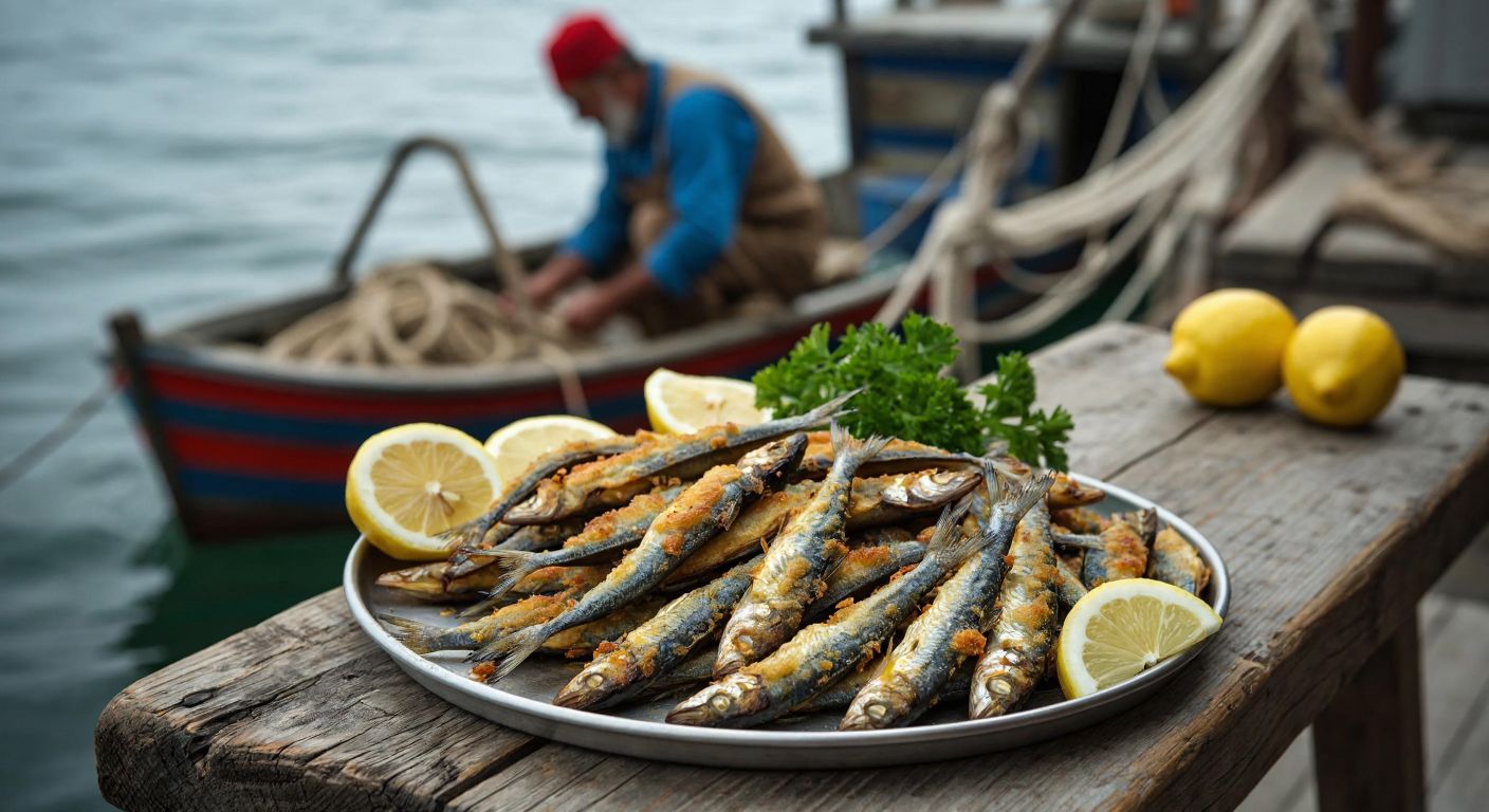 A steaming plate of golden-fried hamsi (anchovies) on a rustic wooden table, garnished with lemon wedges and fresh parsley, with a Turkish fisherman in the background mending his nets by the Black Sea coast.
