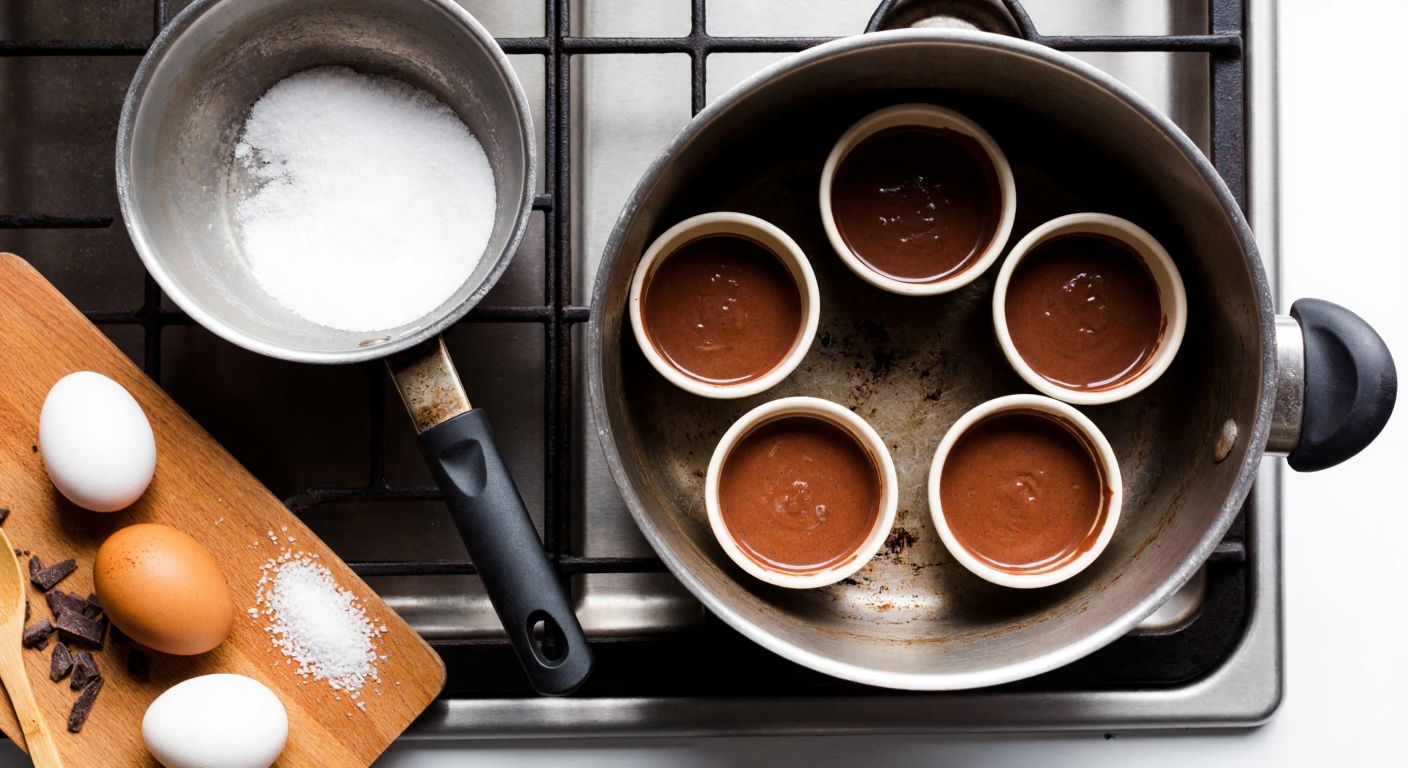 A steaming pot on a stove holds small ceramic cups filled with chocolatey batter, surrounded by scattered ingredients like eggs, sugar, and cocoa, with a wooden spoon resting nearby.