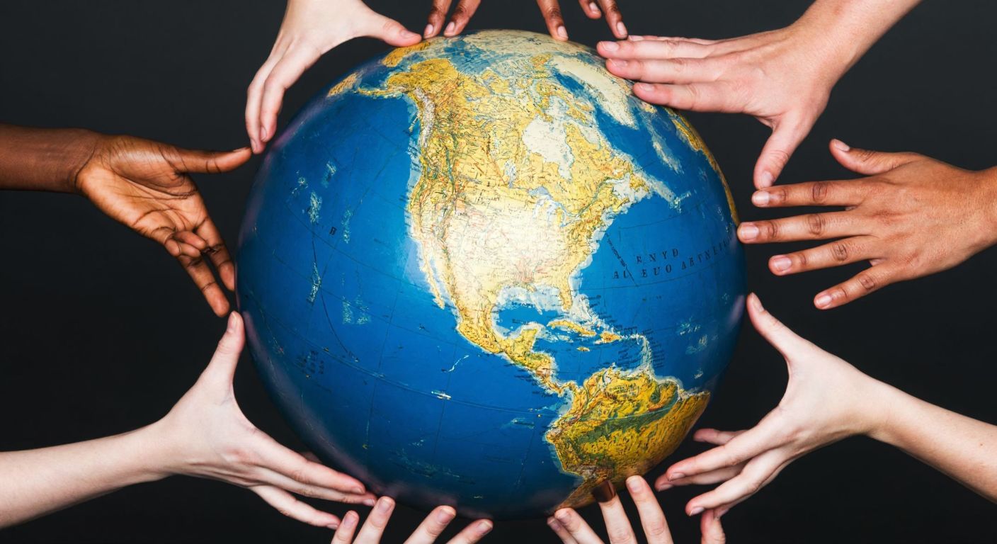 A weathered globe with the Americas highlighted in gold, surrounded by diverse hands reaching toward it from different directions, symbolizing shared influence.