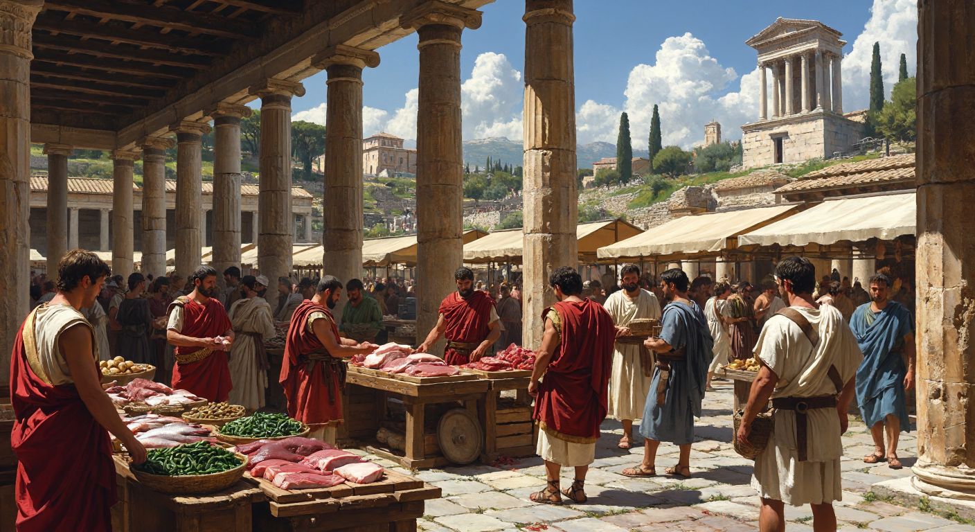A bustling ancient Roman marketplace with stone columns, vendors selling fresh meat and fish, and people in togas bartering under the warm Mediterranean sun.