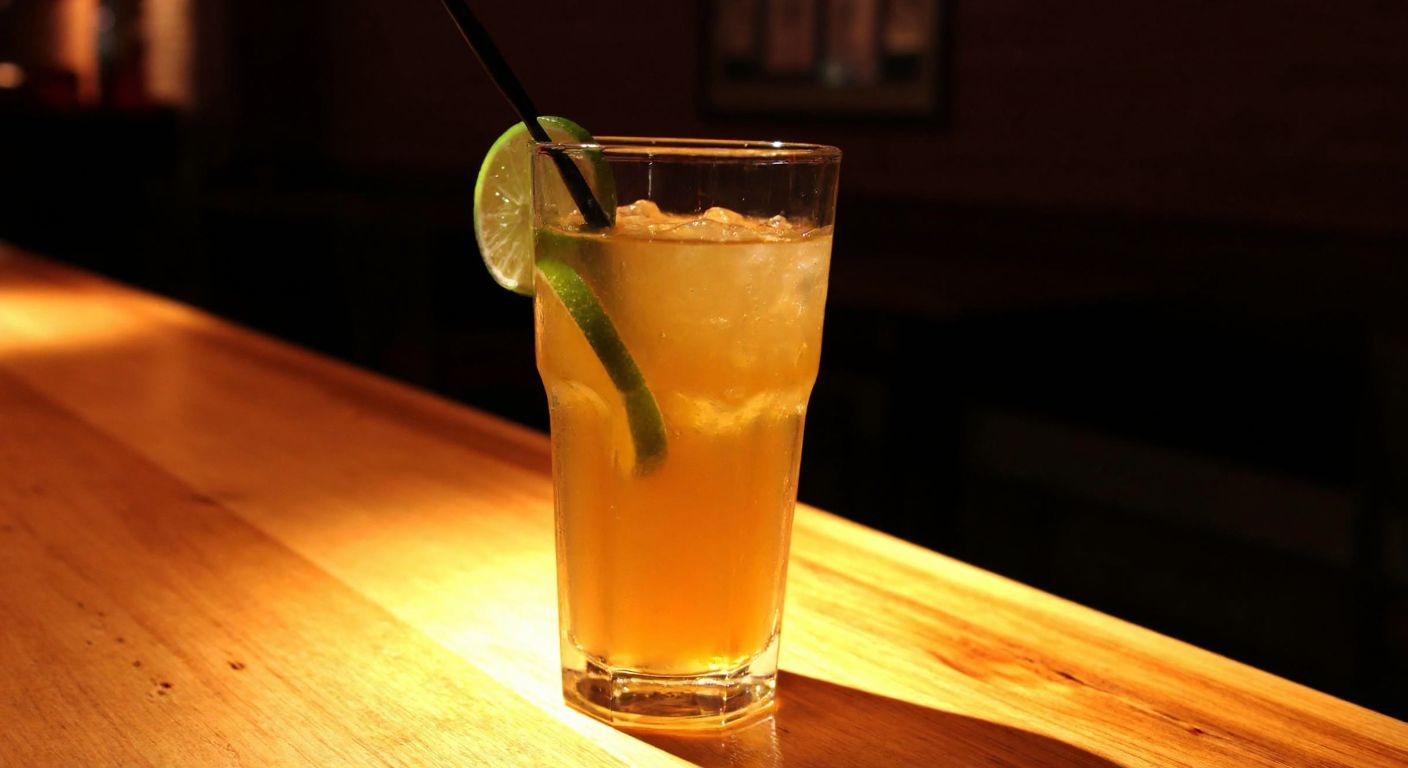 A tall, frosty glass of Cuba Libre with golden-brown liquid, a wedge of lime, and ice cubes, resting on a wooden bar counter under warm, dim lighting.