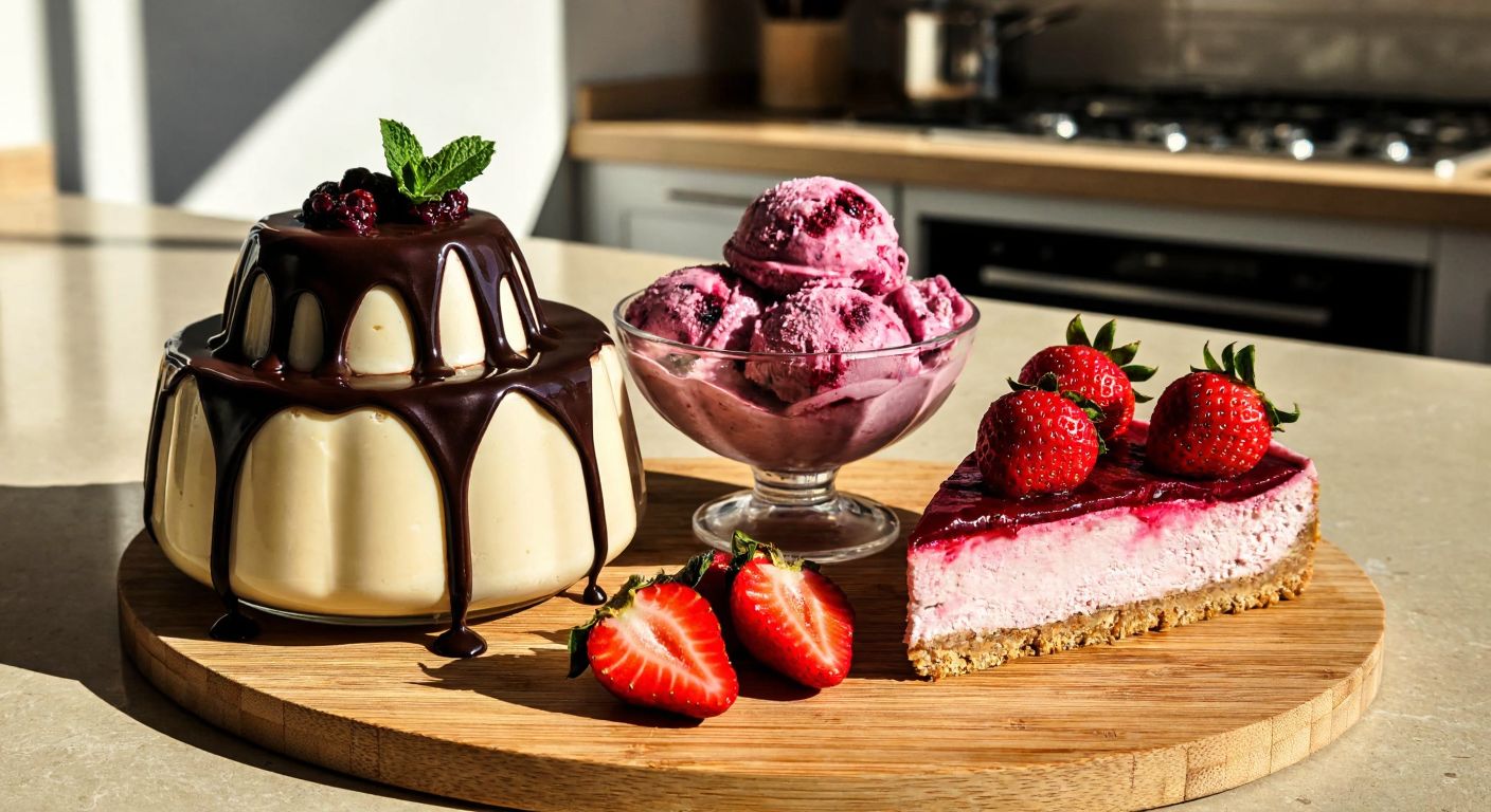 A wooden kitchen counter in Turkey holds a creamy tofu pudding drizzled with melted chocolate, a scoop of vibrant berry tofu ice cream in a glass bowl, and a slice of vegan tofu cheesecake topped with fresh strawberries, all bathed in warm sunlight.