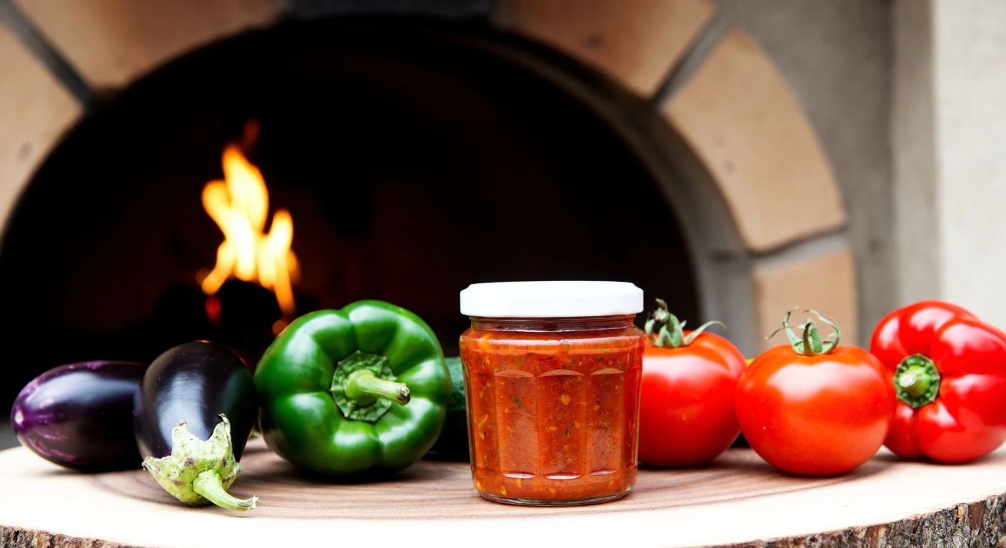 A rustic wooden table in a Balkan village setting holds a jar of vibrant red lutenitsa sauce, surrounded by fresh bell peppers, tomatoes, and eggplants, with a traditional clay oven glowing warmly in the background.