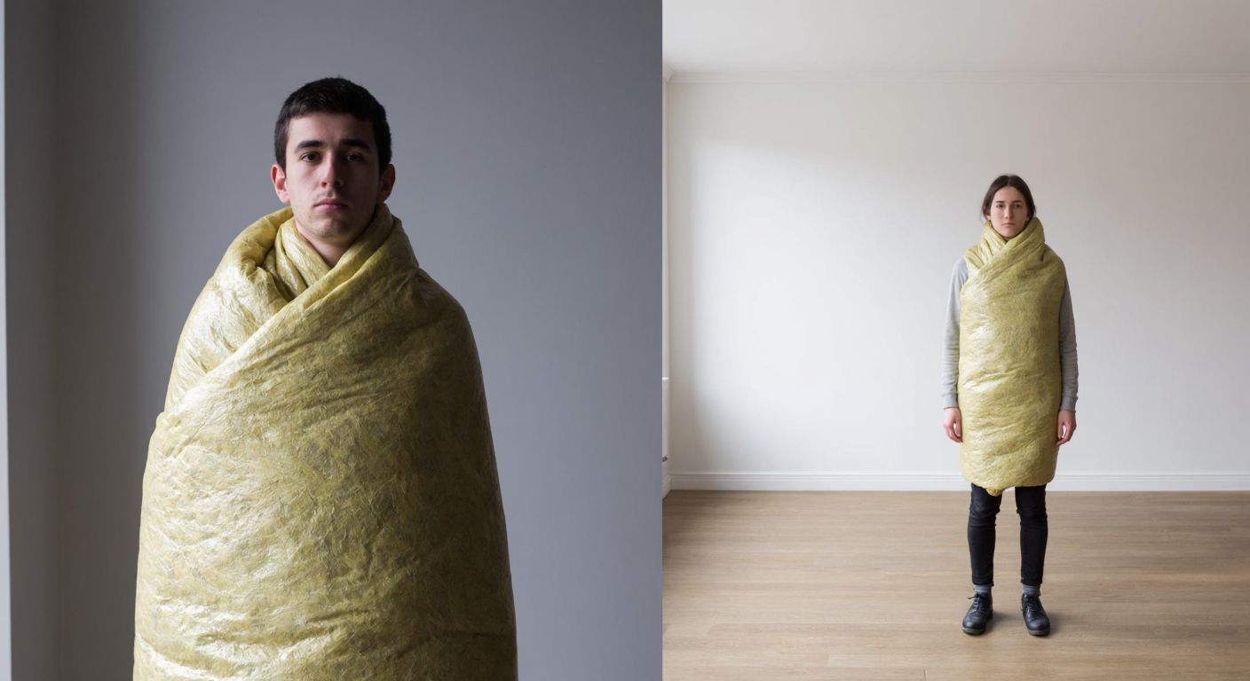 A split image showing one side with a person wrapped in thick insulation material (representing *izolasyon*) and the other side with the same person standing alone in an empty room (representing *izole*), both with neutral expressions.