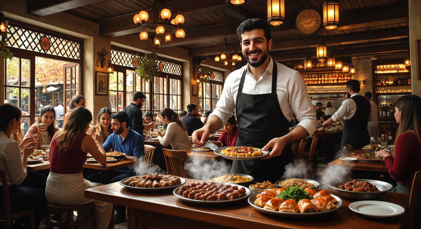 A bustling Turkish restaurant with warm lighting, filled with people enjoying traditional dishes like kebabs and baklava, and a cheerful waiter serving steaming plates of food.