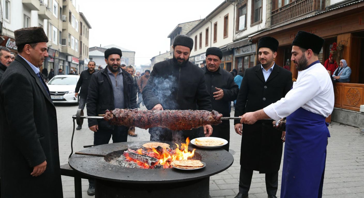 A bustling Erzurum street with a skewered cağ kebab rotating over glowing embers, surrounded by locals in traditional attire eagerly watching as the chef slices tender meat onto warm flatbread.