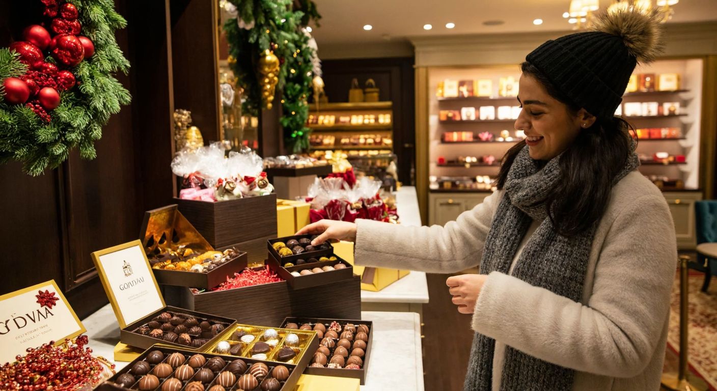 A festive scene in a warmly lit Godiva store in Turkey, where a smiling woman in winter attire carefully selects an elegant box of assorted chocolates from a display adorned with holiday decorations.