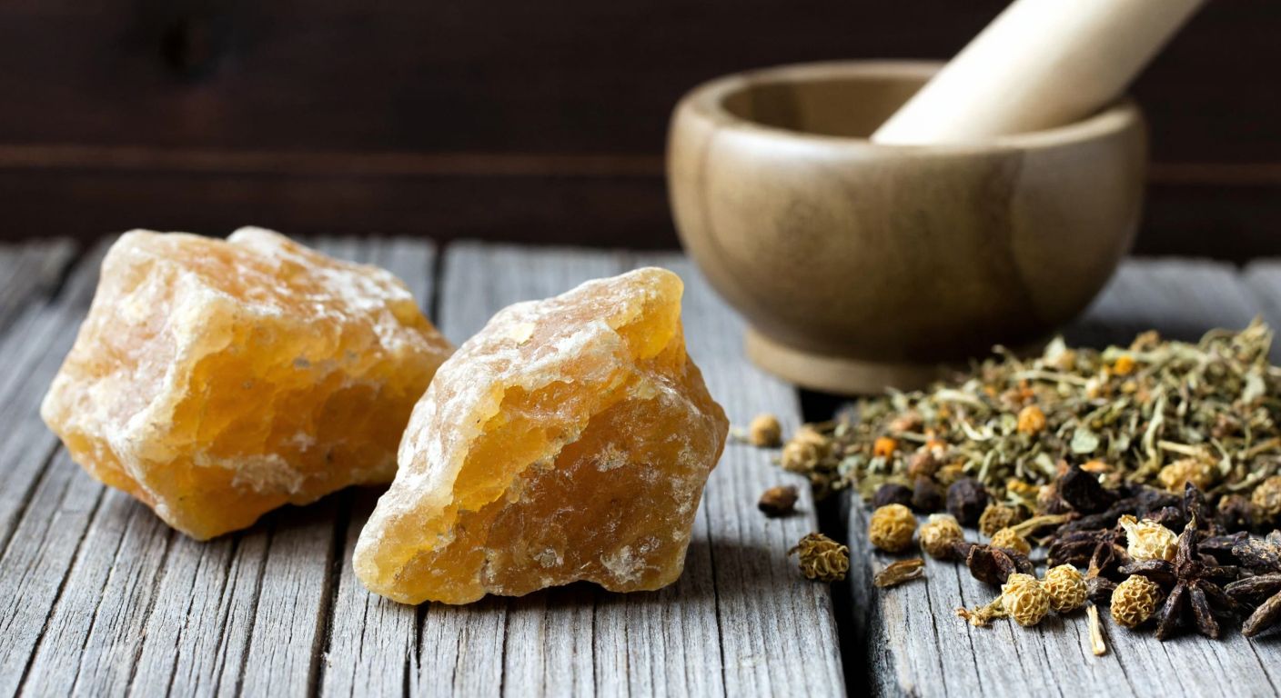 Two distinct amber-hued resin chunks—one from a Boswellia tree and another from a Liquidambar orientalis—rest on a wooden table beside dried herbs and a mortar, evoking traditional Turkish herbal remedies.