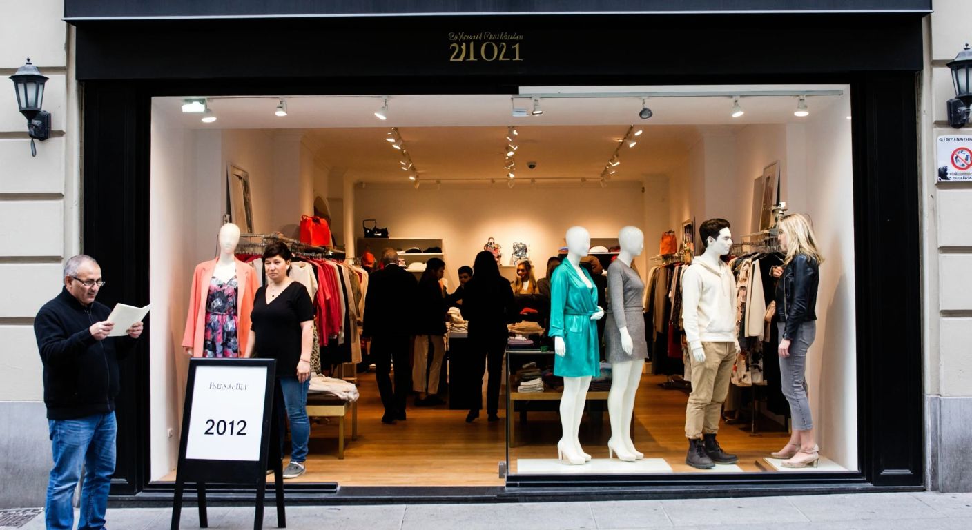 A bustling boutique in Beşiktaş with colorful women's clothing displayed in the window, a mix of satisfied and frustrated customers browsing inside, and a small "2012" plaque near the entrance.