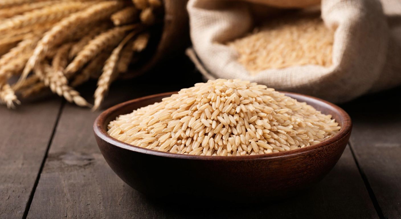 A rustic wooden bowl filled with unprocessed brown rice grains, their earthy tones contrasting with a woven Turkish wheat sack in the background, evoking wholesome simplicity.
