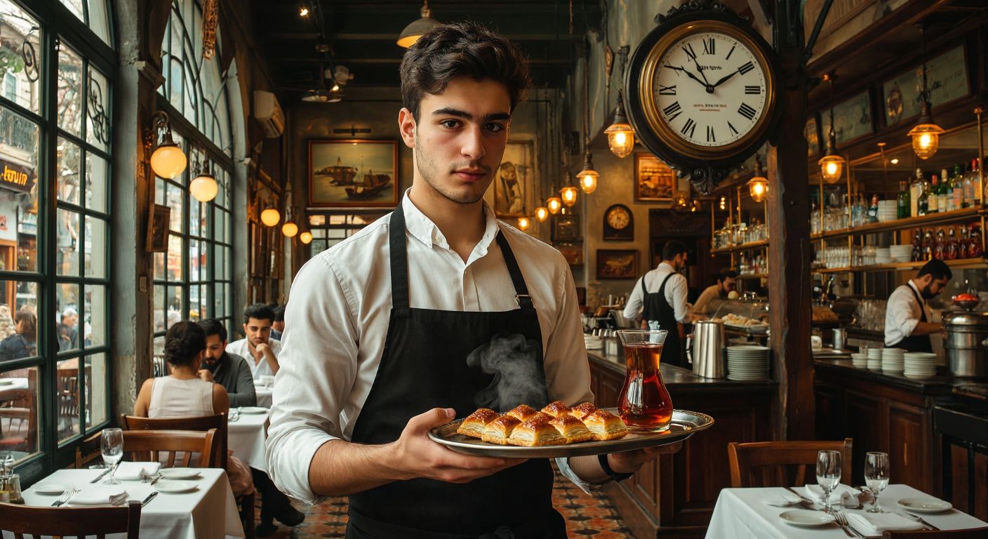 A young waiter assistant in a bustling Turkish restaurant, wearing a crisp white shirt and black apron, carries a tray of steaming çay and baklava while glancing at a wall clock with tired but determined eyes.