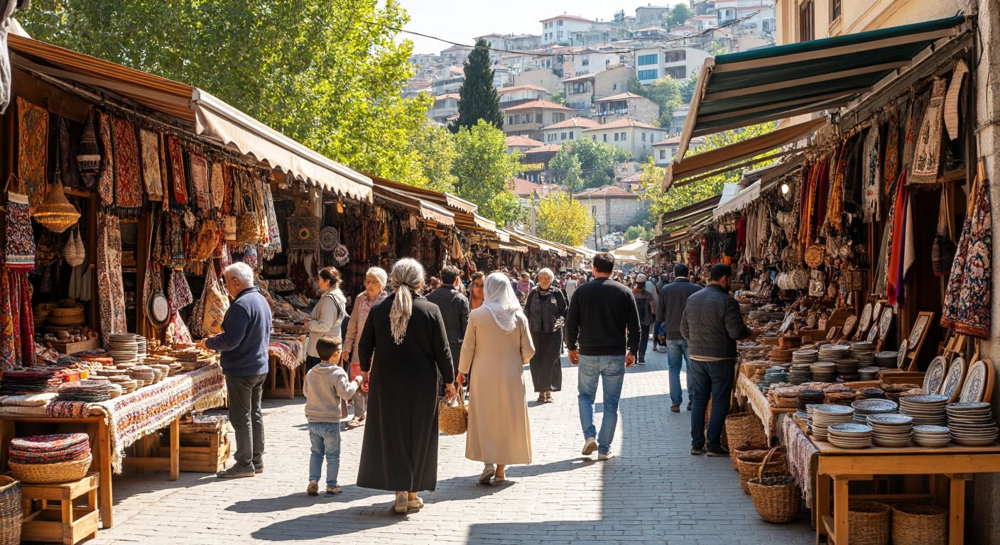 A bustling marketplace in Turkey with diverse people of all ages browsing handmade goods like textiles and ceramics at wooden stalls under warm sunlight.