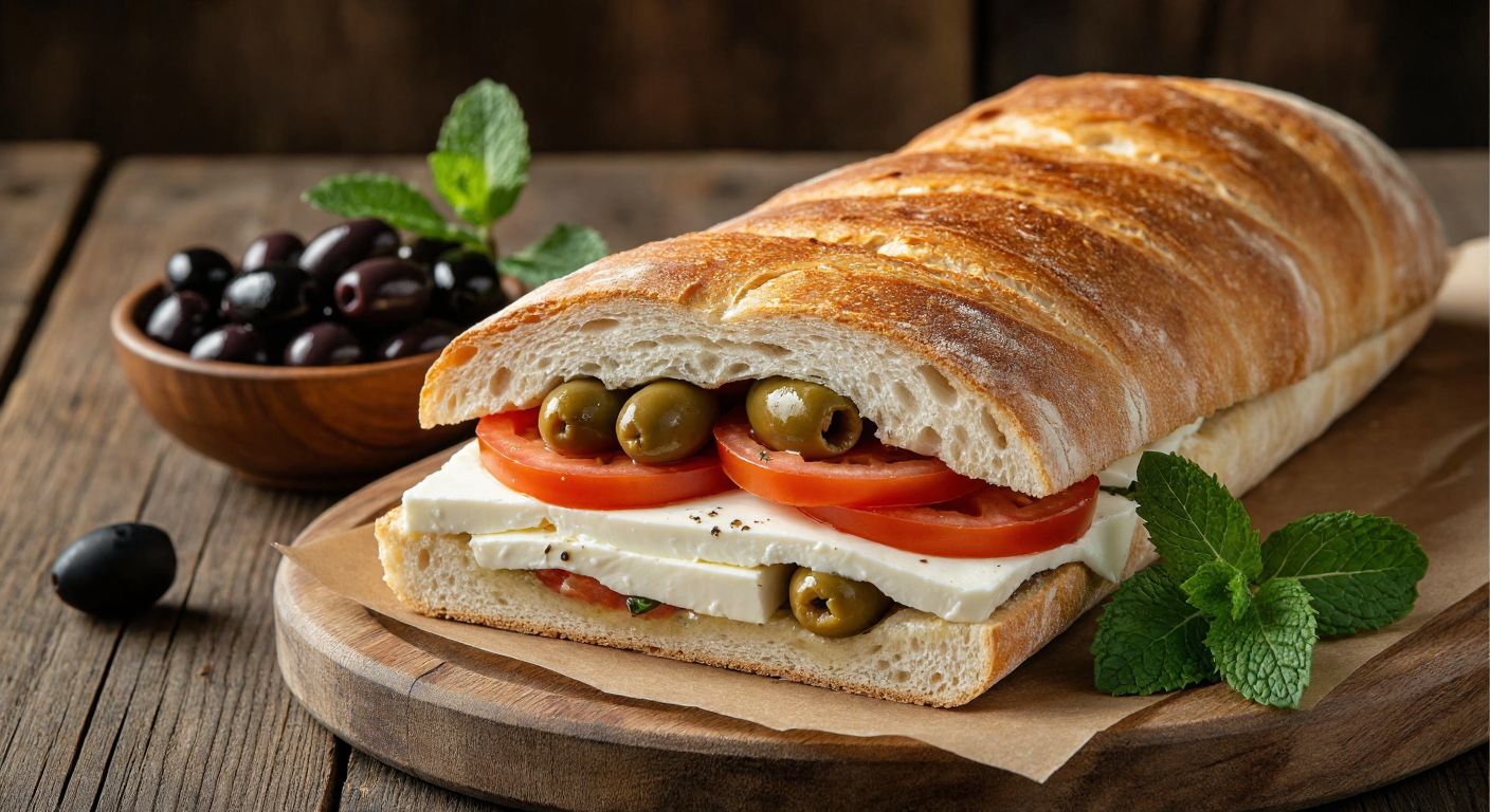 A warm, crusty loaf of bread sliced open, generously filled with layers of white cheese, ripe tomatoes, and green olives, resting on a wooden table beside a small bowl of black olives and a sprig of fresh mint, evoking the simplicity and richness of Turkish street food.