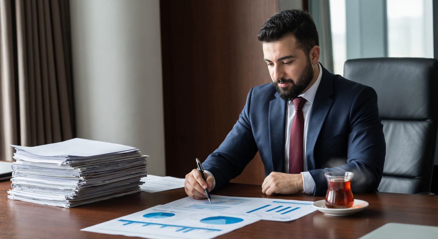 A Turkish businessperson in a formal suit confidently reviews financial charts on a wooden desk in a modern office, surrounded by stacks of documents and a steaming cup of Turkish tea.