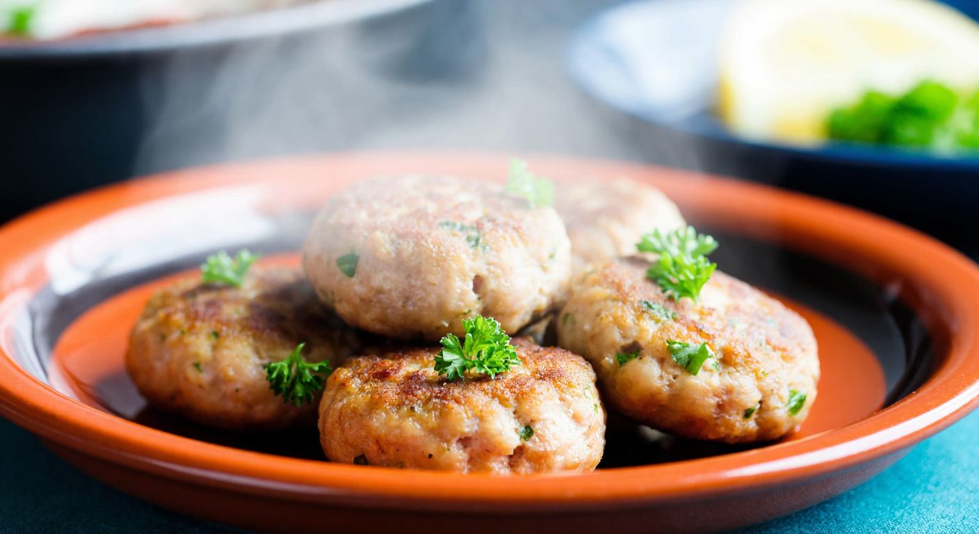 A close-up of a golden-brown, juicy chicken meatball (köfte) resting on a traditional Turkish ceramic plate, with steam rising and fresh parsley sprinkled on top.