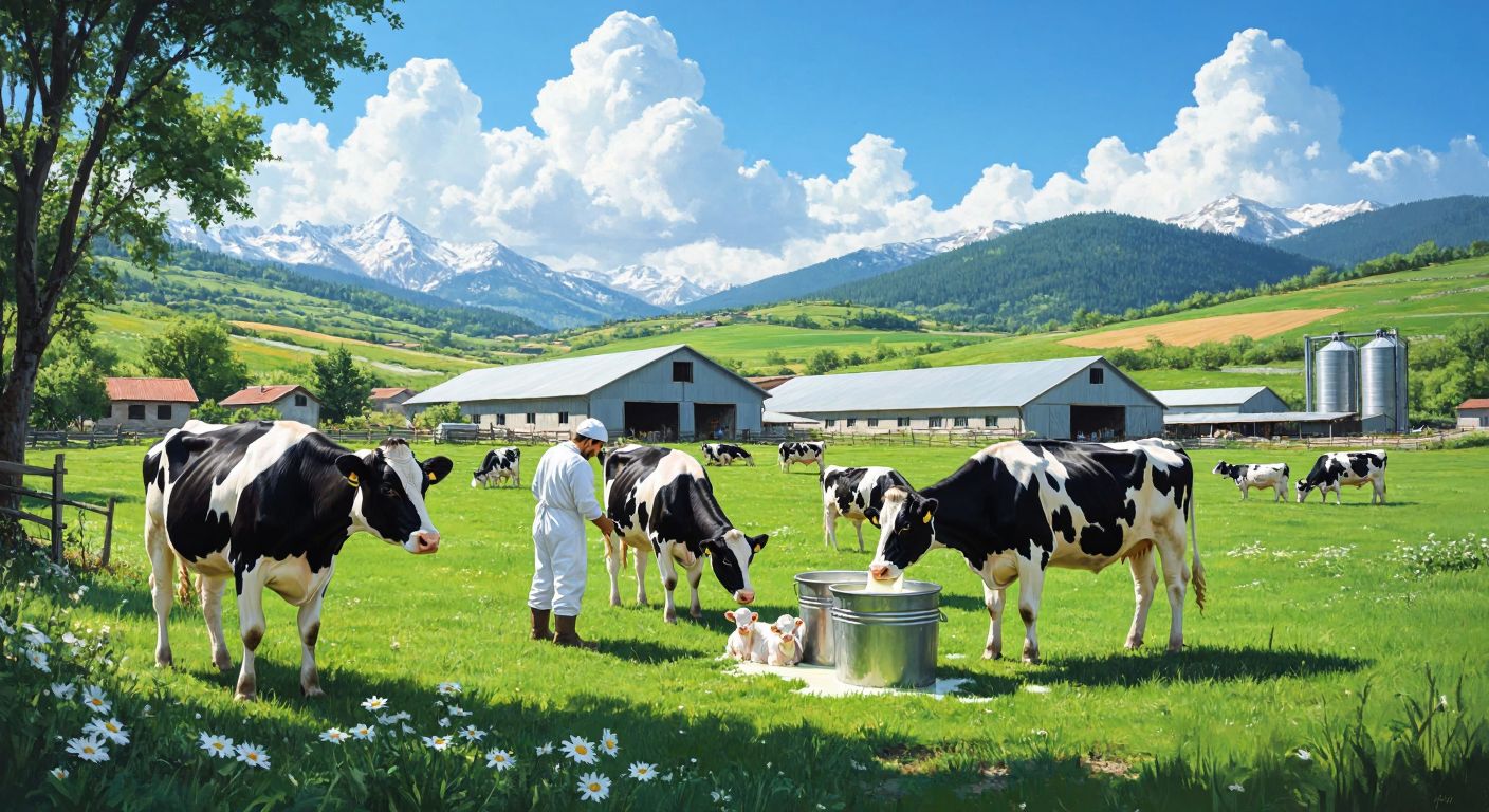 A sunlit Turkish farm with Holstein cows grazing on lush green fields, modern barns in the background, and workers in white overalls tending to calves while fresh milk pours into stainless steel containers.