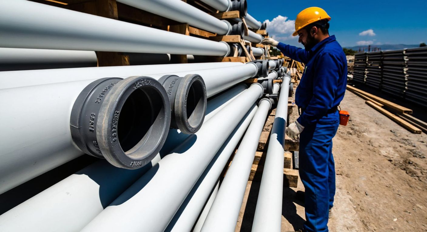 A close-up of sturdy gray cast iron pipes and smooth white PVC pipes neatly arranged on a construction site in Turkey, with a worker in a hard hat inspecting their connections.