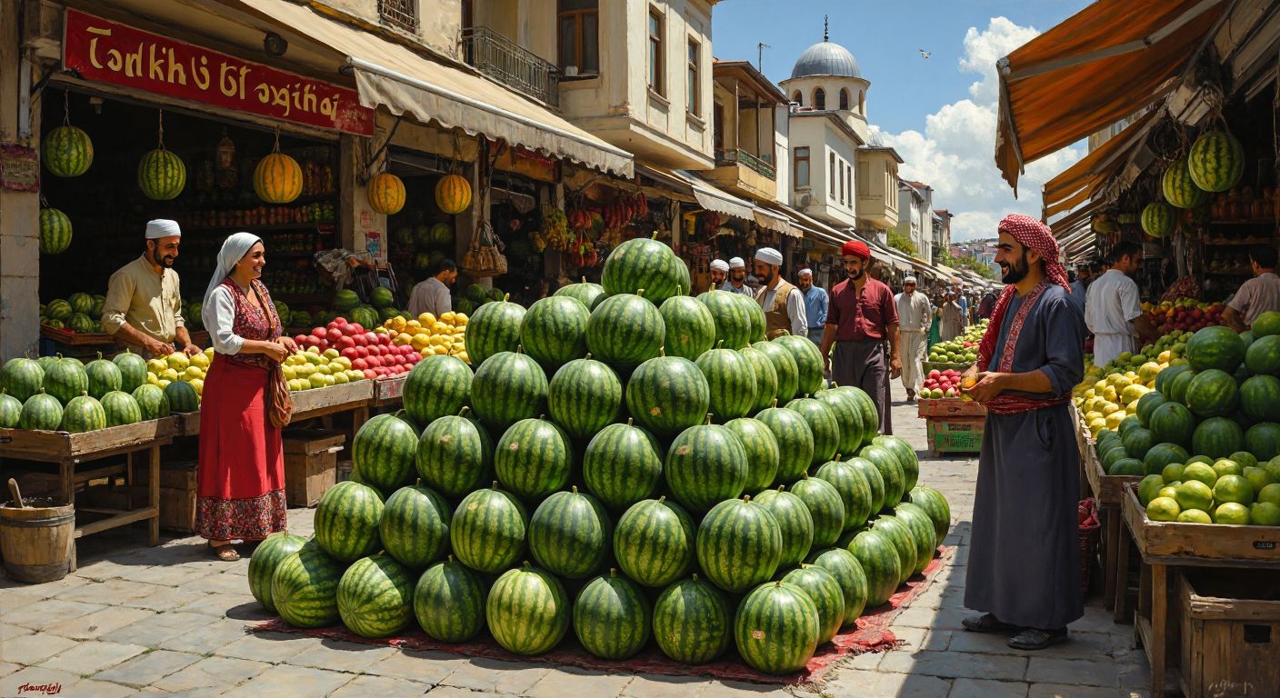 A vibrant Turkish marketplace with stacked watermelons under a bright sun, surrounded by smiling vendors in traditional attire and customers eagerly selecting ripe fruits.
