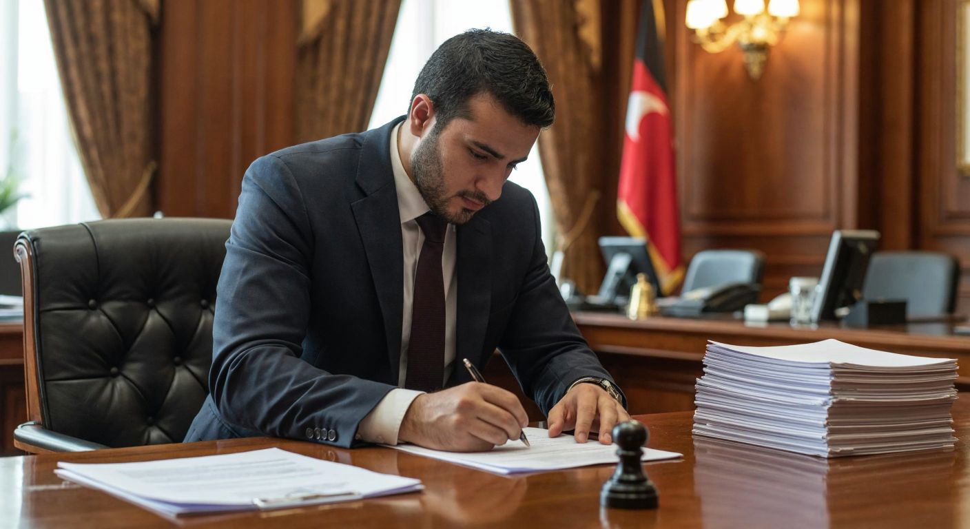 A focused Turkish businessman in a formal suit reviews documents at a wooden desk in a bustling trade chamber, with a notary stamp and a stack of papers nearby.