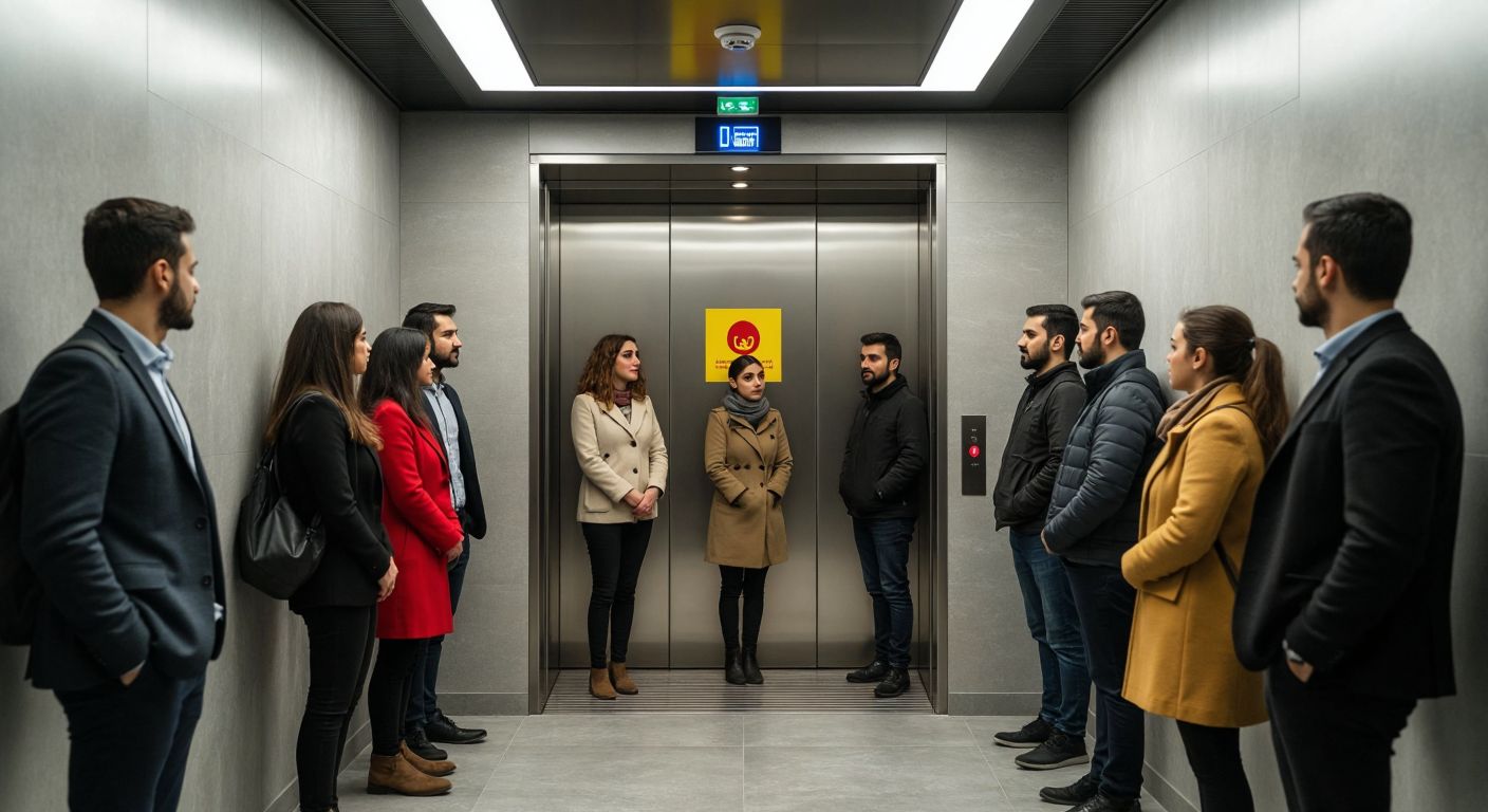 A modern elevator interior in Turkey with a group of diverse passengers calmly observing safety guidelines, while a discreet yet noticeable sign with bold colors (but no text) subtly reinforces order and security.