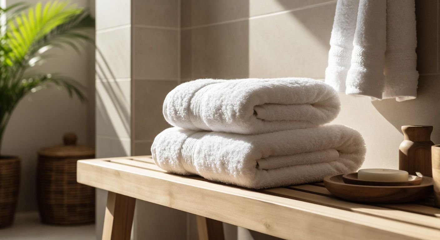 A plush, neatly folded white towel with thick, tightly woven loops sits on a wooden shelf in a sunlit Turkish hammam, radiating softness and luxury.