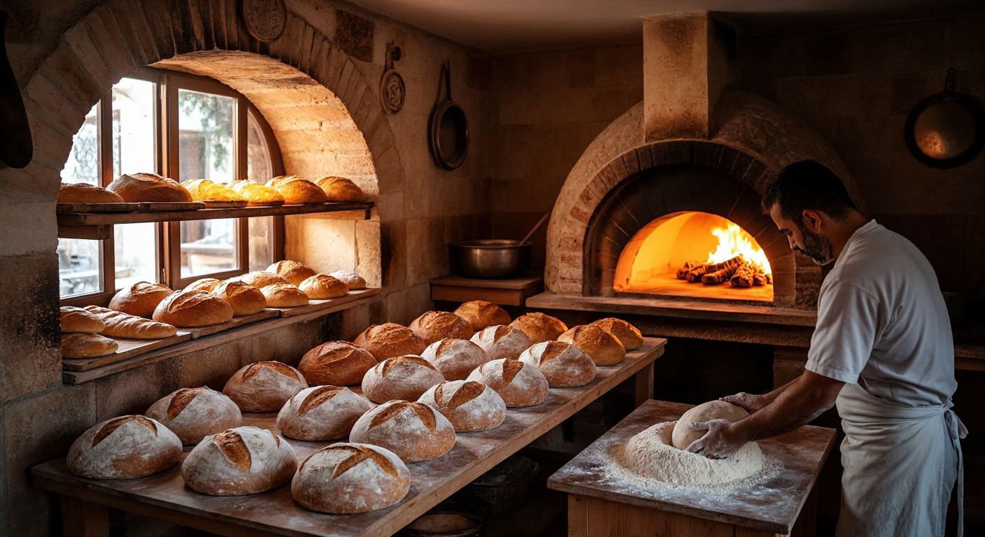 A warm, rustic bakery in a small Turkish town, with golden loaves of bread cooling on wooden shelves, a flour-dusted baker kneading dough, and a traditional brick oven glowing in the background.