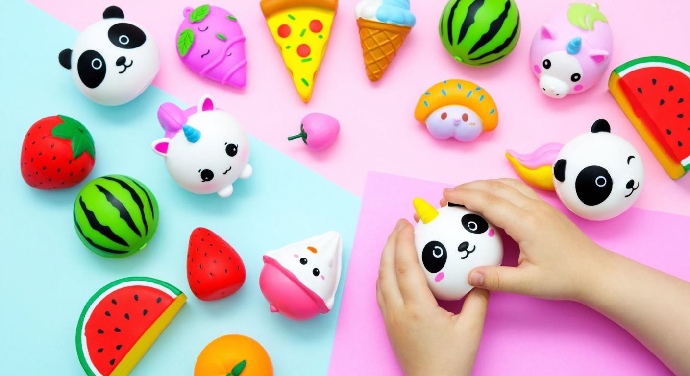 A vibrant, pastel-colored tabletop scattered with squishy toys shaped like cute animals (panda, unicorn), food (pizza, ice cream), and fruits (strawberry, watermelon), some being gently squeezed by a child’s hands.