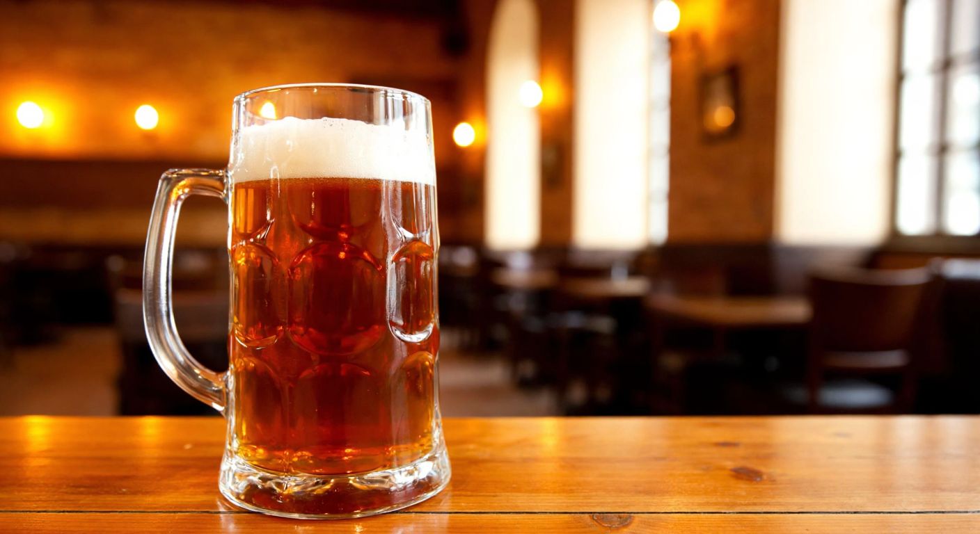 A robust, amber-colored bock beer in a thick glass stein, resting on a wooden tavern table with a frothy head, evoking warmth and strength.