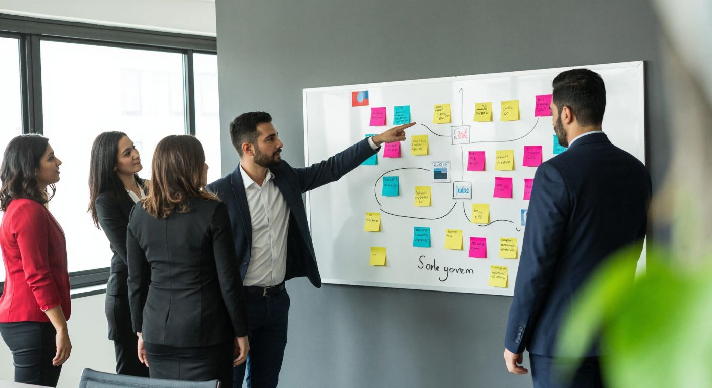 A Turkish business team in a modern office huddles around a whiteboard covered in colorful sticky notes and a hand-drawn flowchart, with one person pointing at a timeline marked by small flags while others nod in understanding.