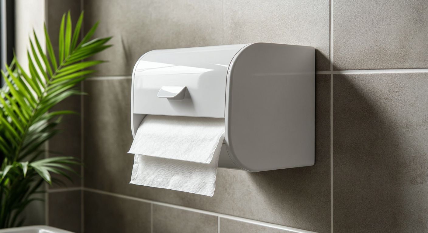 A sleek white paper towel dispenser mounted on a tiled wall in a modern Turkish restroom, with neatly folded Z-folded paper towels partially protruding from its slot.