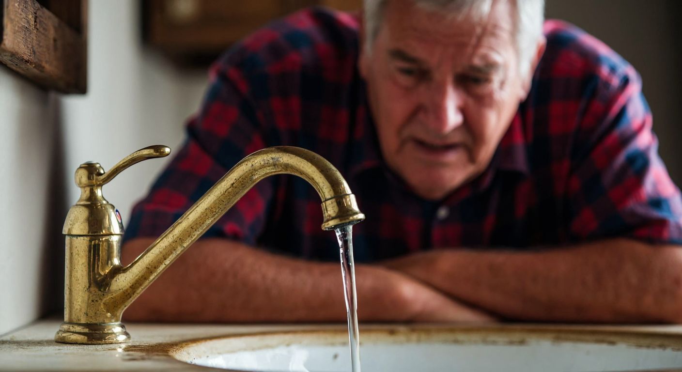 A close-up of a worn-out Turkish-style brass faucet dripping water into a ceramic sink, with a frustrated elderly man in a plaid shirt tightening the loose handle while mineral deposits clog the spout.