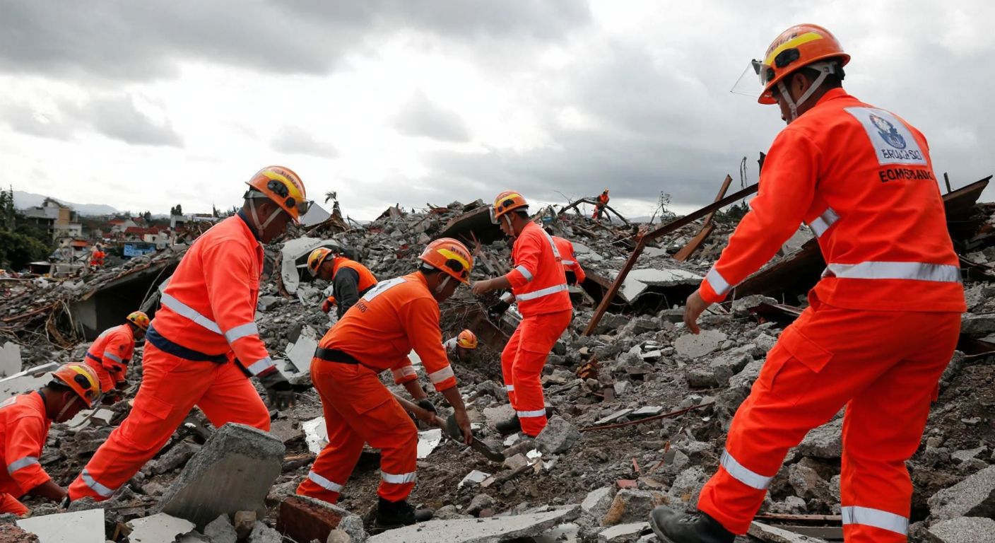 A group of rescuers in orange uniforms sifting through rubble under a cloudy sky, their faces tense with determination as they search for survivors amidst the debris of collapsed buildings.