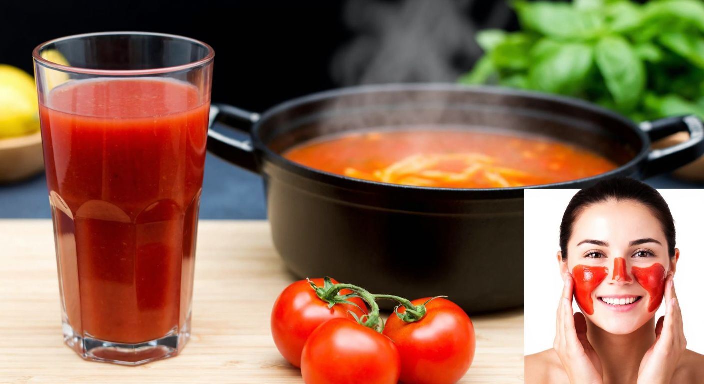 A vibrant Turkish kitchen scene with a glass of rich red tomato juice on a wooden table, a pot of simmering soup with steam rising, and a smiling woman applying a fresh tomato mask to her glowing cheeks.