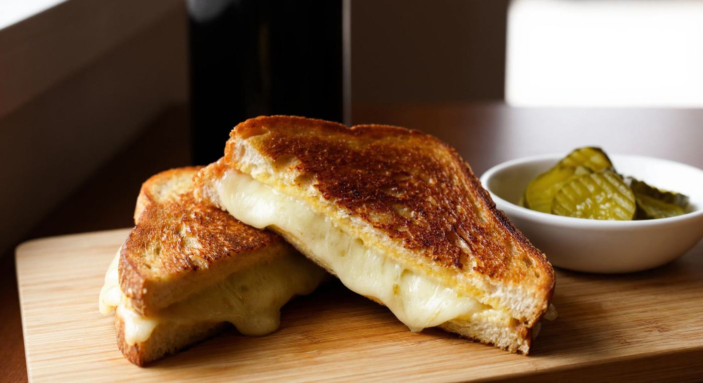 A golden-brown toasted sandwich, crispy on the outside with melted cheese oozing out, placed on a wooden cutting board beside a small bowl of pickles under warm indoor lighting.