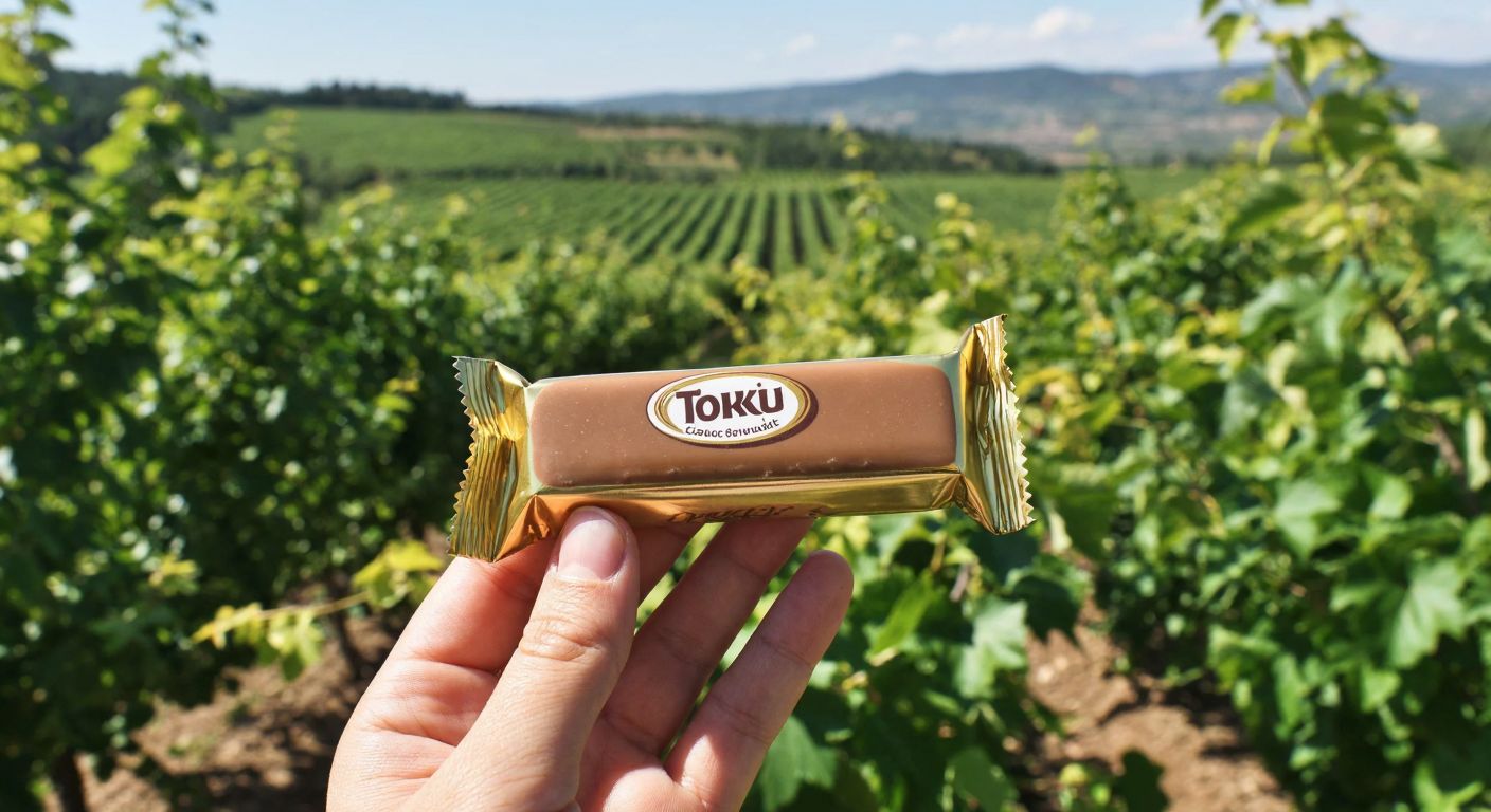 A hand holding a golden-wrapped Torku caramel and hazelnut cream wafer against a backdrop of lush green hazelnut orchards under a warm Turkish sun.