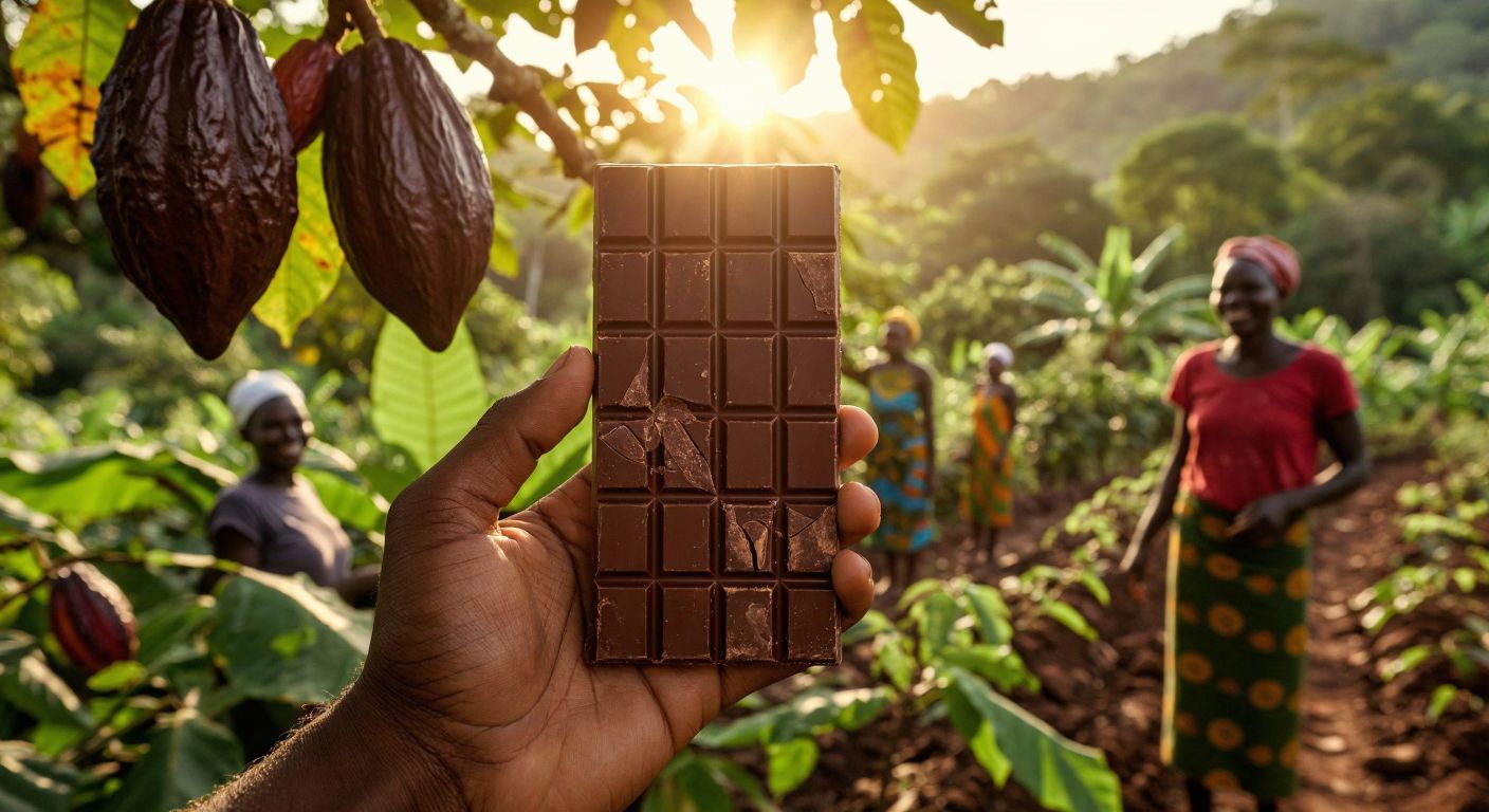 A hand holding a bar of Tony's chocolate with cracked pieces revealing rich cocoa, surrounded by lush cacao pods and smiling African farmers working in sunlit fields, symbolizing ethical sourcing and sustainability.