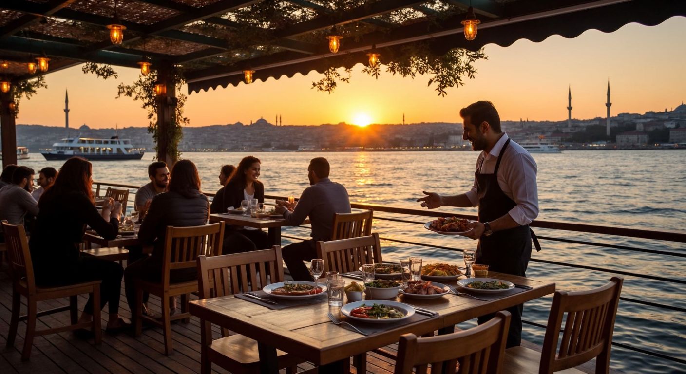 A cozy seaside restaurant in Istanbul with wooden tables set near the water, serving fresh seafood and Turkish dishes, where a smiling waiter gestures politely to a couple dining under a sunset-lit sky.