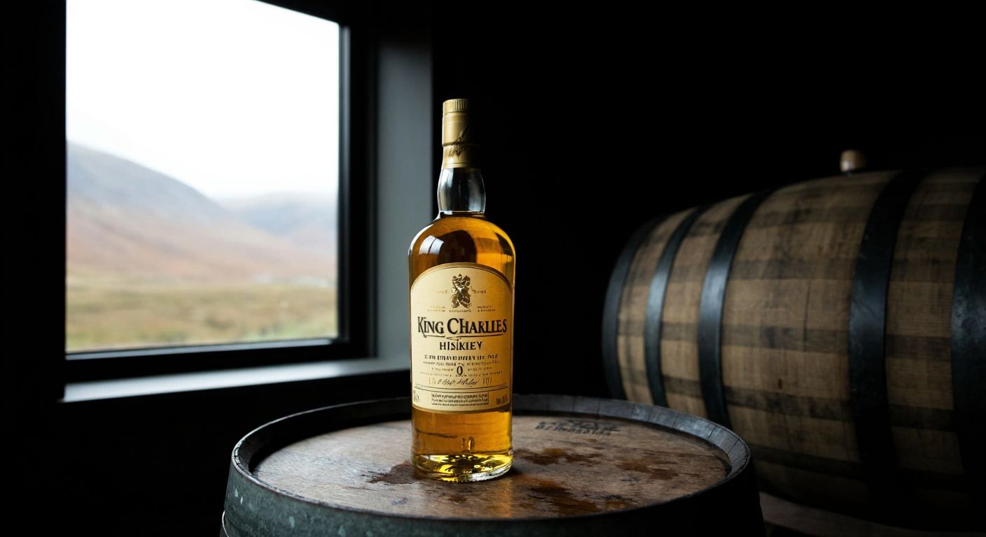 A golden-hued bottle of whisky labeled "King Charles" resting on a wooden barrel in a dimly lit Scottish distillery, with misty highlands visible through a small window.