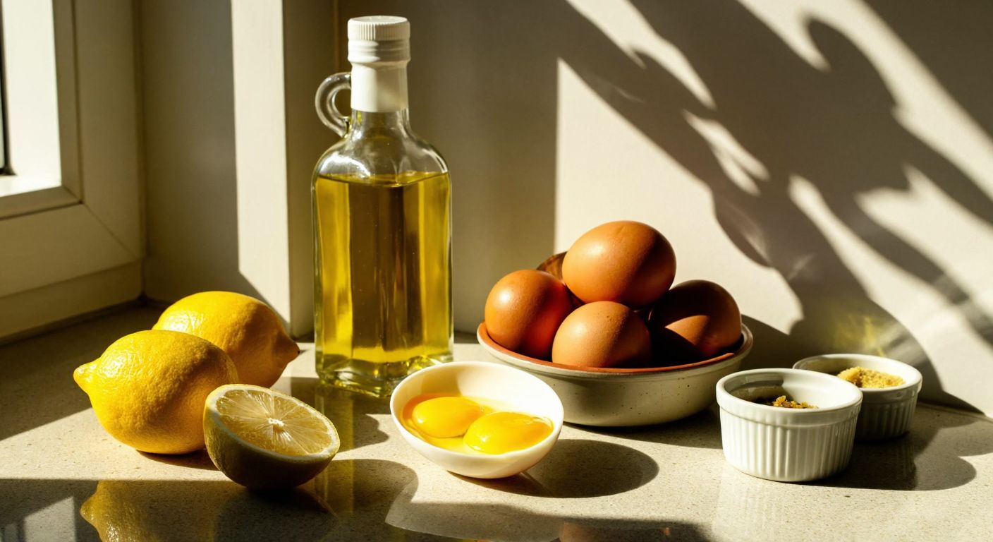 A Turkish kitchen counter with fresh egg yolks in a ceramic bowl, a bottle of golden olive oil, a sliced lemon, and a small jar of mustard, all bathed in warm sunlight.