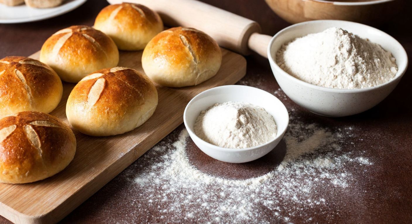 A warm Turkish kitchen with golden-brown poğaça pastries fresh from the oven, a bowl of dry yeast beside a wooden rolling pin on a flour-dusted counter.