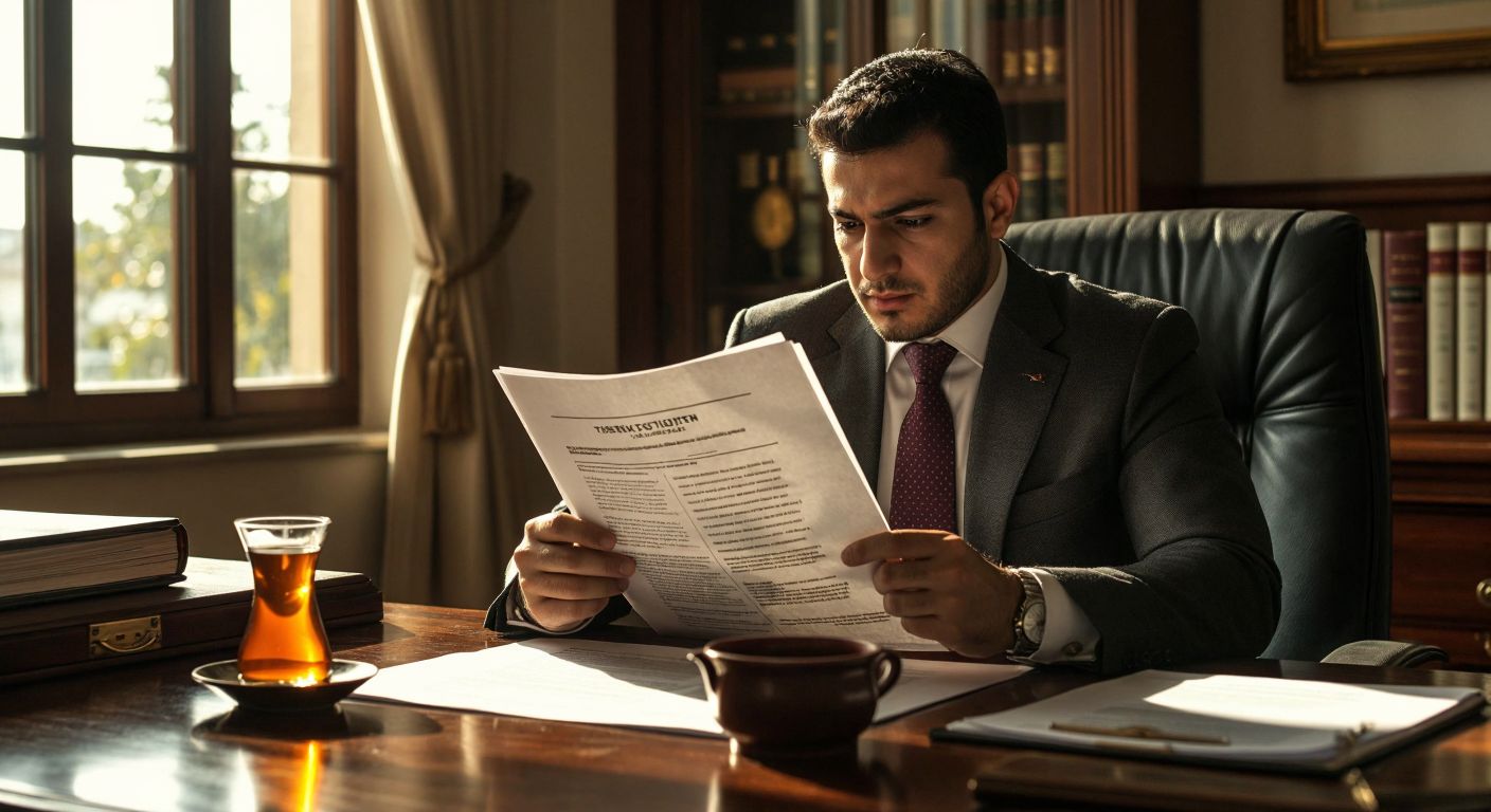 A Turkish lawyer in a formal suit reviews a printed contract with large, bold headings in Times New Roman and smaller body text, sitting at a wooden desk in a sunlit office with a traditional Turkish tea glass nearby.