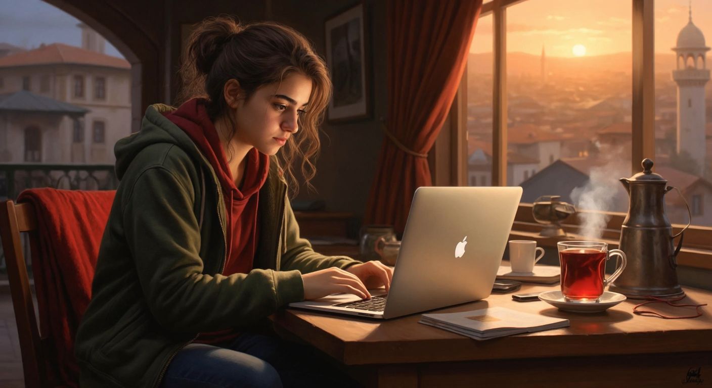 A young student in Turkey sits at a wooden desk with a laptop open, focused intently on the screen, while a warm cup of çay steams beside them, and a national ID card lies nearby.
