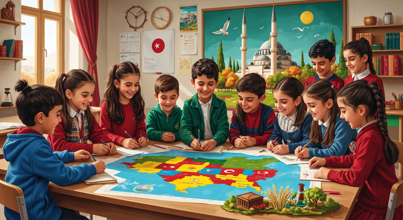 A diverse group of Turkish children in a classroom, smiling and collaborating on a colorful map of Turkey, surrounded by symbols of culture, nature, and science like a miniature mosque, a wheat sheaf, and a microscope.