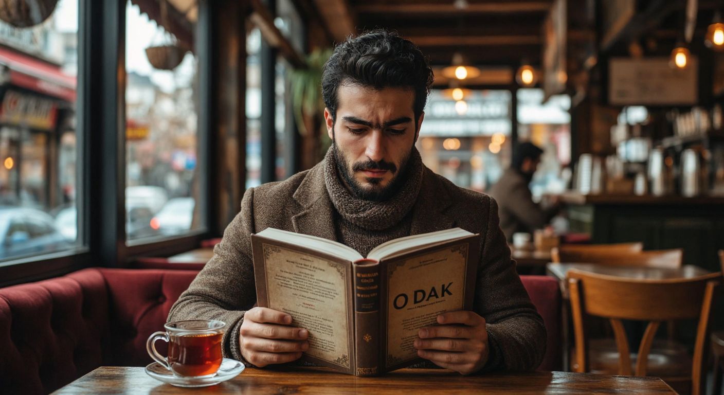 A focused Turkish man in a cozy café, holding a thick book titled "Odak" with a steaming cup of Turkish tea beside him, his expression calm and absorbed in reading.