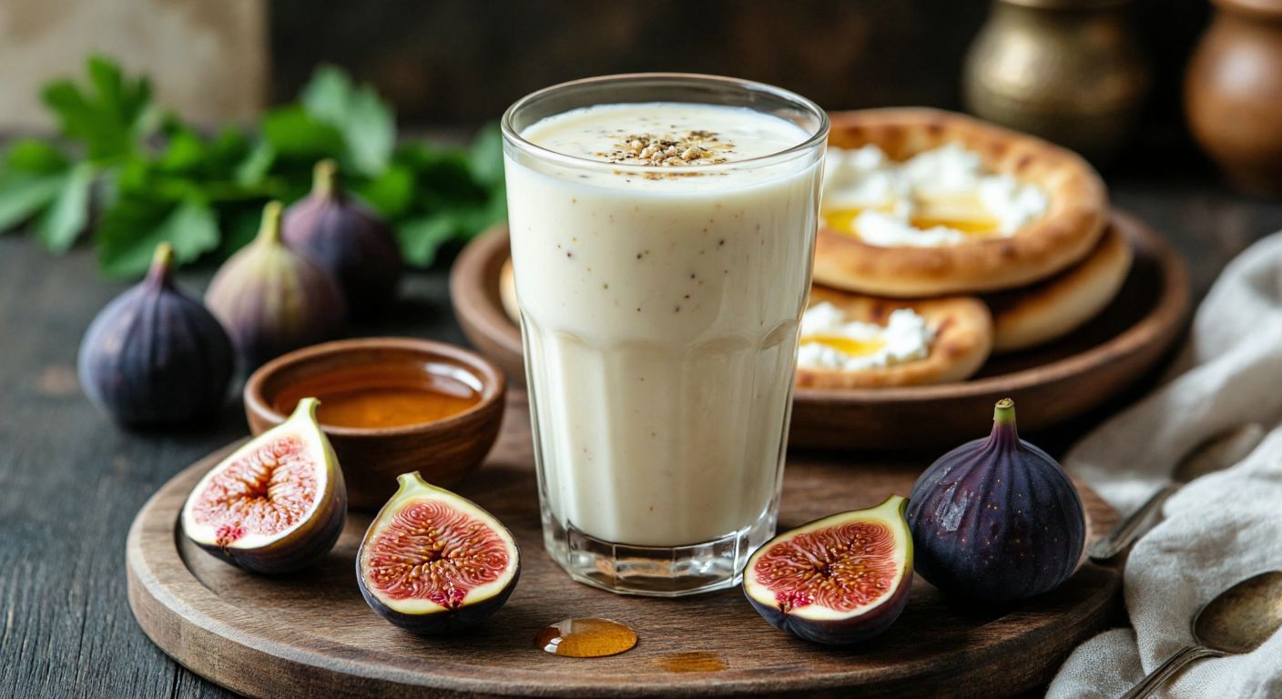 A glass of creamy, slightly frothy kefir sits beside a traditional Turkish breakfast spread, with a small bowl of honey and fresh figs nearby, evoking the natural sweetness of lactose-free dairy.