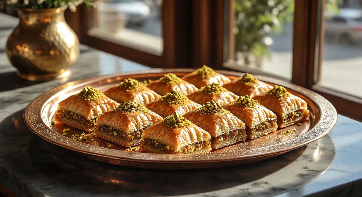 A golden tray of chilled baklava with flaky layers and pistachio garnish, placed on a traditional Turkish copper tray in a sunlit pastry shop, evoking pride and delight.