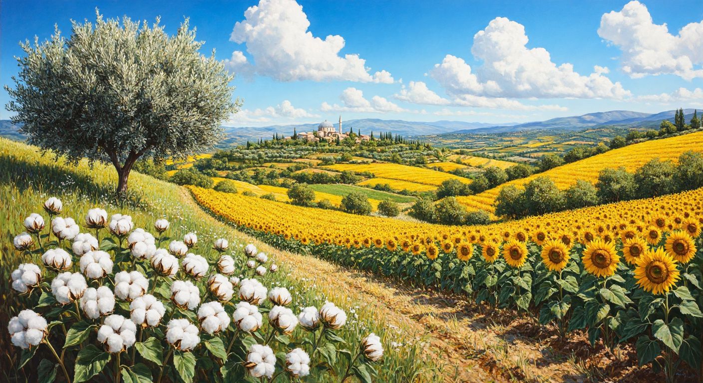 A sunlit Turkish countryside scene with rolling fields of golden sunflowers, olive groves with silver-green leaves, lush rice paddies, and cotton plants with fluffy white bolls, all under a bright blue sky.
