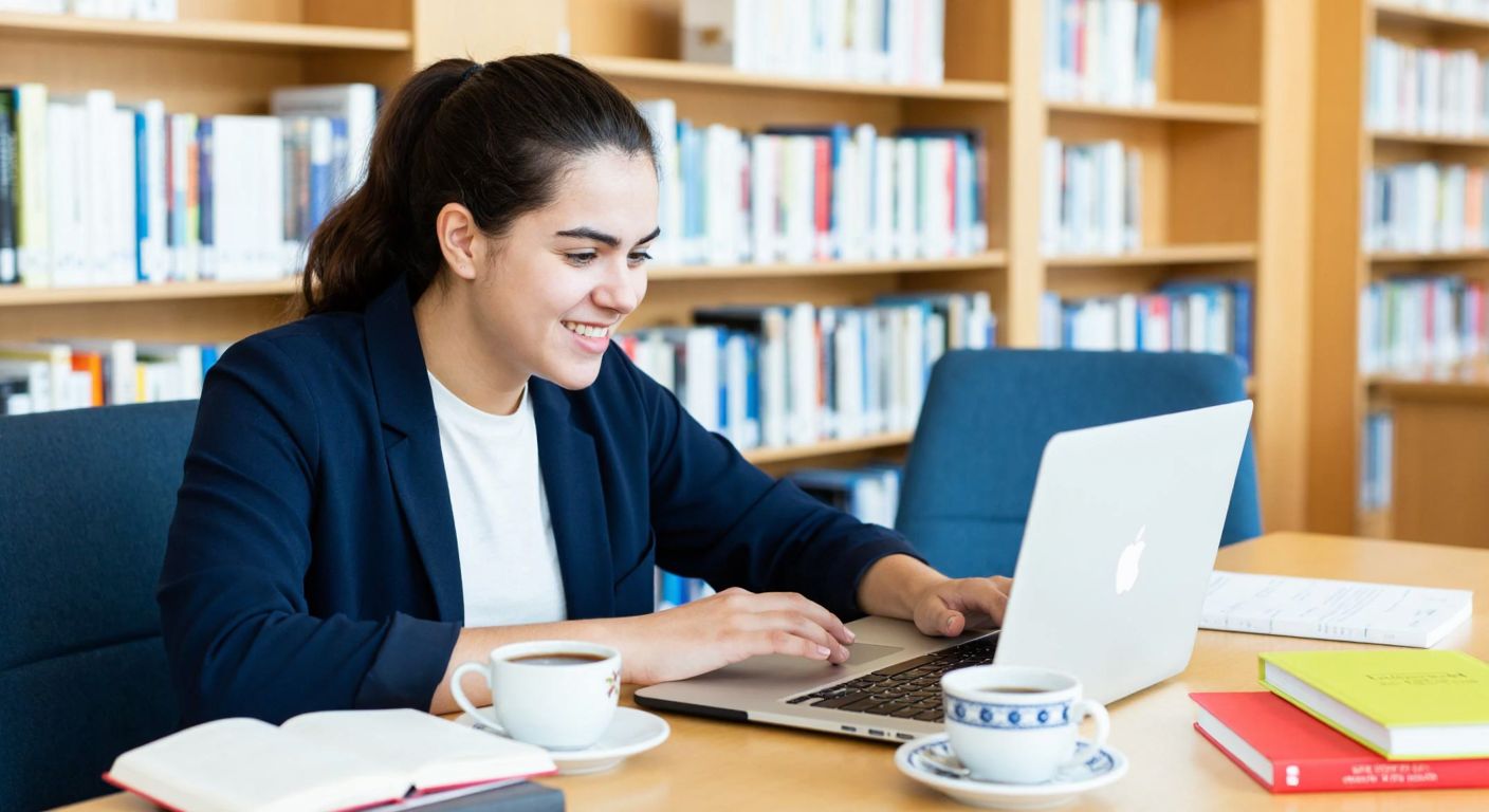 A young student in a university library in Northern Cyprus, focused on a laptop screen with a relieved smile, surrounded by books and a cup of Turkish coffee.
