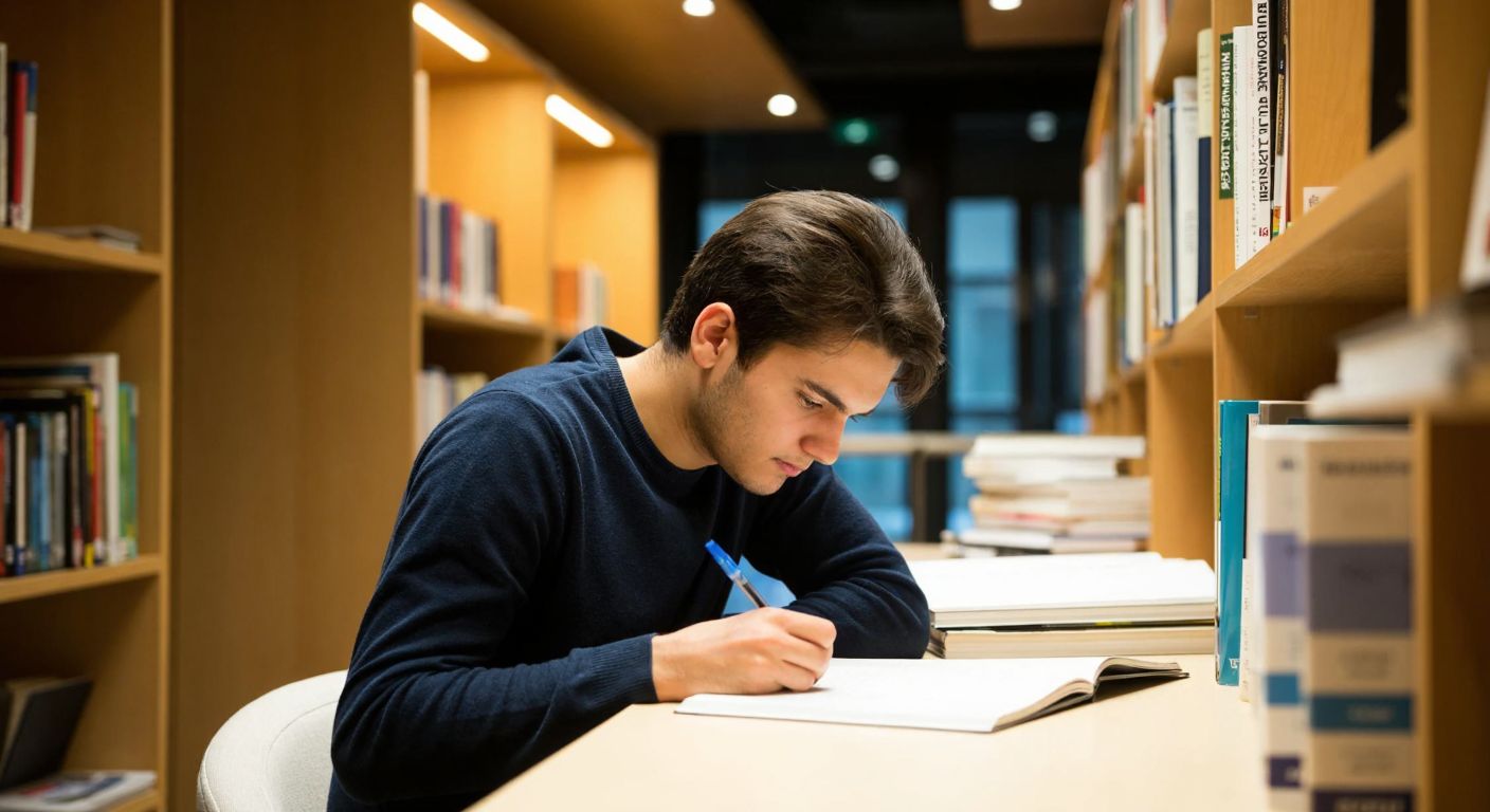 A young student in a modern university library in Istanbul, surrounded by stacks of economics textbooks, with a focused expression while taking notes under warm lighting.