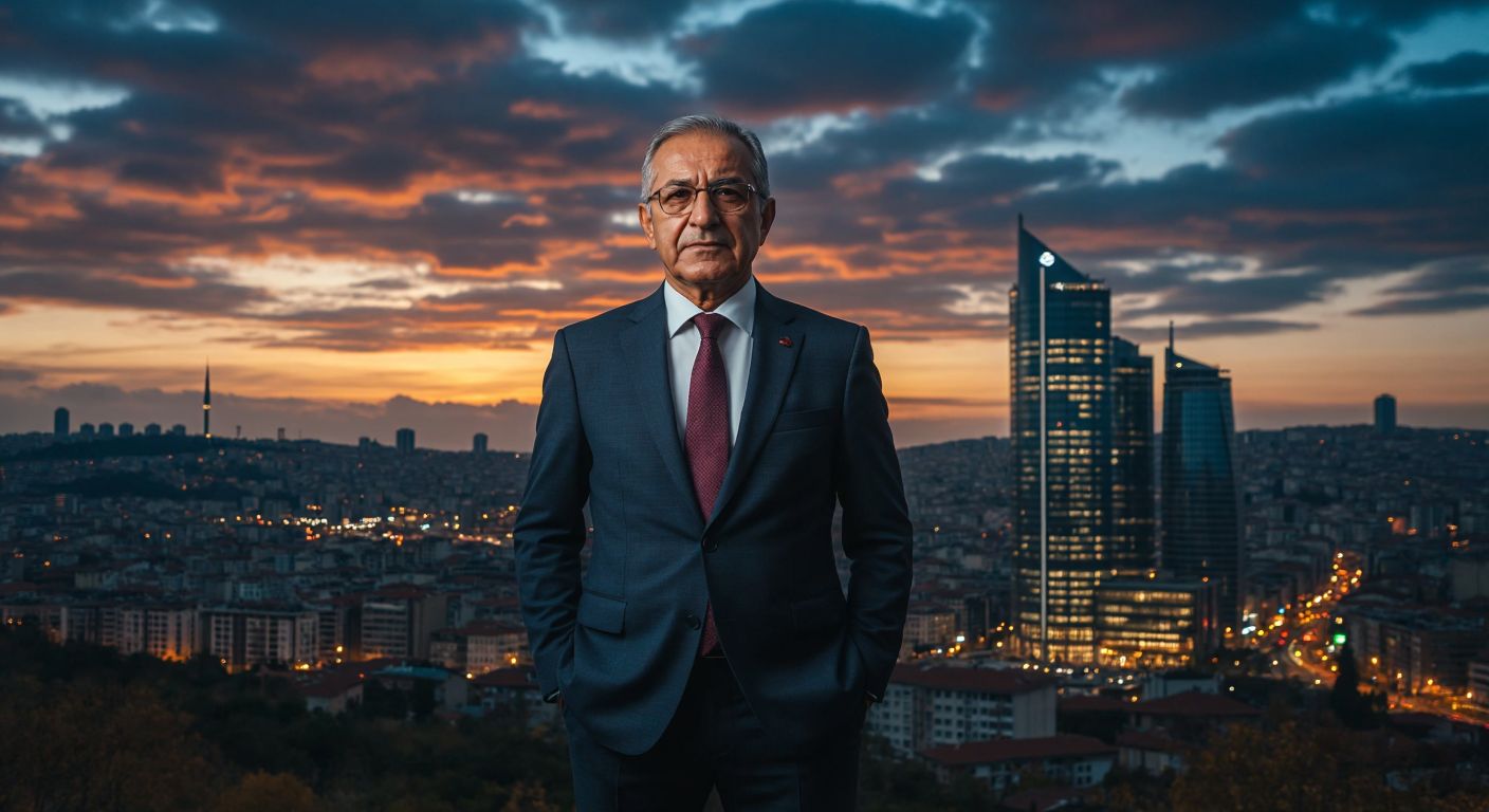 A confident, elderly Turkish businessman in a tailored suit stands proudly in front of the modern Sabancı Holding headquarters in Istanbul, with a glowing skyline reflecting his legacy of industrial growth and philanthropy.